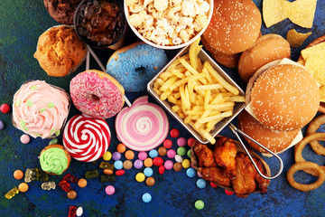 Unhealthy products. food bad for figure, skin, heart and teeth.