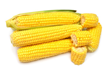 Corn isolated on white background. Perfectly retouched, full depth of field on the photo. Top view, flat lay