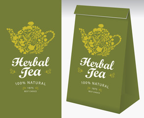 Paper packaging with a label for herbal tea. Vector label for herbal tea with a kettle or teapot consisting of various hand-drawn herbs. Paper 3D package with this label.