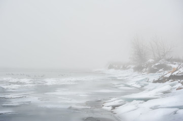 winter landscape with fog and snow along the frozen river bank