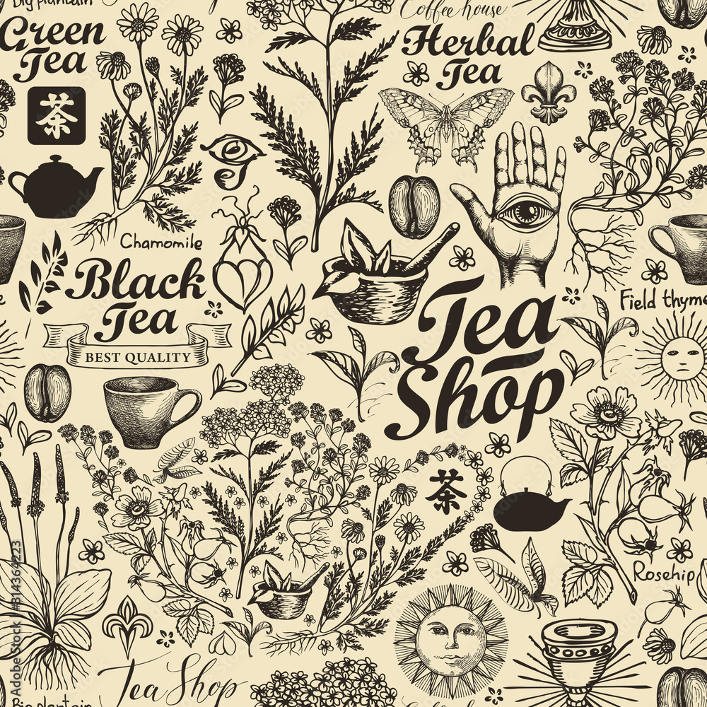 Poster vector seamless pattern on tea theme in retro style. abstract background with hand-drawn herbs, kitc