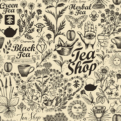 Vector seamless pattern on tea theme in retro style. Abstract background with hand-drawn herbs, kitchen items and inscriptions. Suitable for wallpaper, wrapping paper, fabric. Chinese hieroglyph Tea