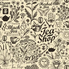 Wallpaper murals Tea Vector seamless pattern on tea theme in retro style. Abstract background with hand-drawn herbs, kitchen items and inscriptions. Suitable for wallpaper, wrapping paper, fabric. Chinese hieroglyph Tea
