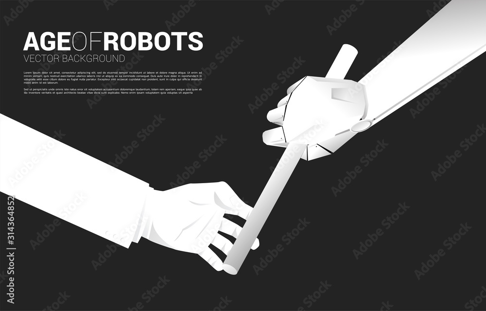 Poster close up hand passing baton in relay race from human to robot. business concept for age of robot and