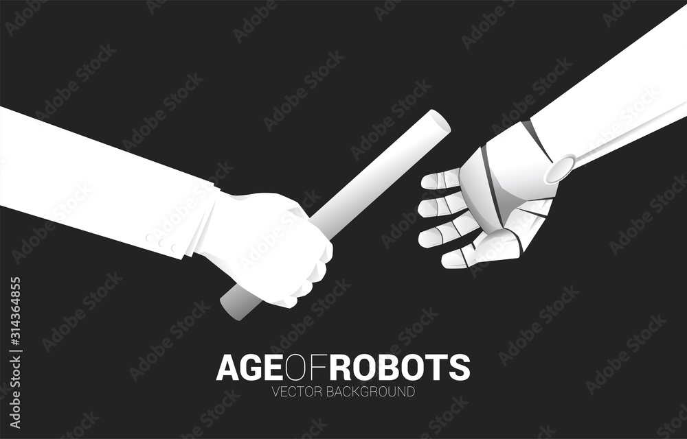 Aufkleber Close up hand passing baton in relay race from human to robot. Business concept for age of robot and AI artificial intelligence.