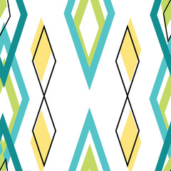 Caribbean Engagement, off center irregular diamonds in rows, seamless vector repeat blue yellow and green surface pattern design