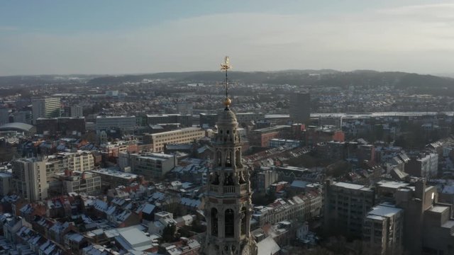 Aerial Leuven city university tower during winter in europe