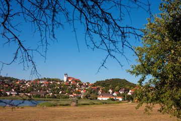 Unusual photo of the tourist destination Tihany abbey and village at lake Balaton, Hungary