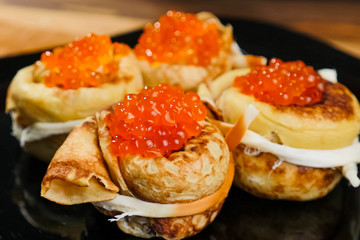 Pancakes with red caviar. red caviar