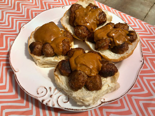 Dutch meatballs with peanut butter sauce on white buns