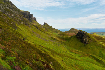 Hiking in the Quiraing mountains on the Isle of Skye in Scotland