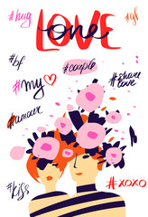 Valentine day spring party. Hashtag amour. Xoxo. Flower on head couple, pair. Romantic collection. Quote, text. Sketch vector illustration.Template for party invitation, banner, flyer, postcard