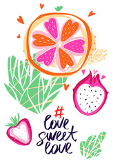 Spring party valentine day. Happy holiday. Abstract strawberry and orange. Text hashtag Love sweet love.
