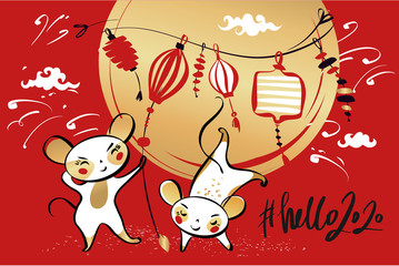 Happy new year party invitation, poster with white rat, mice on red background. Lunar horoscope sign mouse. Chinese Happy new year 2020. Silhouette two kawaii funny sketch mouse.