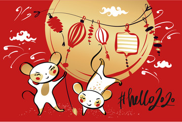Fototapeta premium Happy new year party invitation, poster with white rat, mice on red background. Lunar horoscope sign mouse. Chinese Happy new year 2020. Silhouette two kawaii funny sketch mouse.