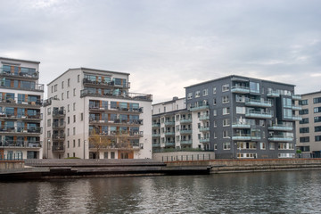 Stockholm sleeping area, residential buildings on the canal