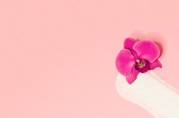 hygienic pad with floral orchid on pink background. daily care, hygiene and cleanliness of woman. copy space for text