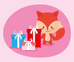 Fox cartoon with happy birthday gifts vector design