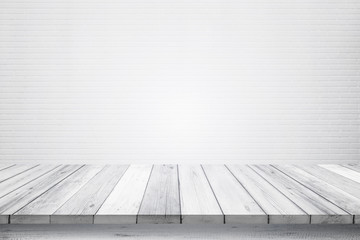 Fototapeta premium Empty wooden table top isolated on white brick white background, Design Wood terrace white. Free space for your copy and branding. Can be used as product display montage. Vintage style concept.