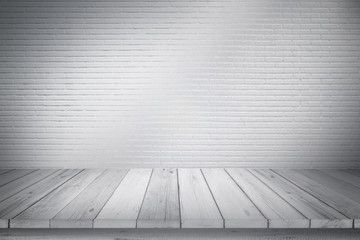 Empty wooden table top isolated on white brick white background, Design Wood terrace white. Free space for your copy and branding. Can be used as product display montage. Vintage style concept.