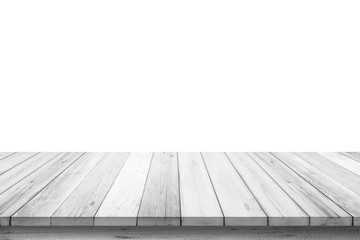 Fototapeta premium Empty wooden table top isolated on white background, Design Wood terrace white. 3d illustration of free space for your copy and branding. Can be used as product display montage. Vintage style concept.