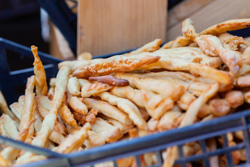 Homemade deep-fried angel wing or bowtie cookies. Selective focus