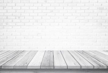 Empty wooden table top isolated on white brick white background, Design Wood terrace white. Free space for your copy and branding. Can be used as product display montage. Vintage style concept.