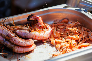Grilled shrimps or barbecued shrimp. Street food market