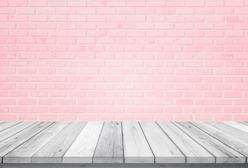 Empty wooden table top isolated on pink brick white background, Design Wood terrace white. Free space for your copy and branding. Can be used as product display montage. Vintage style concept.