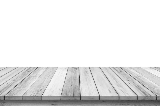 Empty wooden table top isolated on white background, Design Wood terrace white. 3d illustration of free space for your copy and branding. Can be used as product display montage. Vintage style concept.