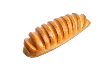 Bakery product. Baked whole bun isolated on white background. Loaf, white wheat bread