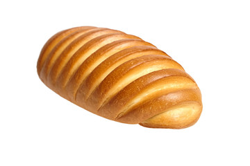 Bakery product. Baked whole bun isolated on white background. Loaf, white wheat bread