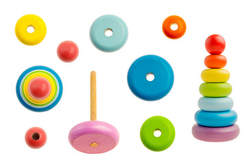 eco baby toy Wooden colorful stacking rings pyramid set isolated on white background. Top view, side view and in disassembled state