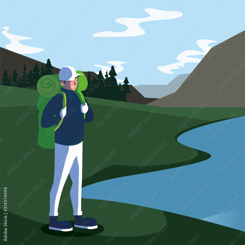 Canvas Prints hiker man and landscape with bag vector design