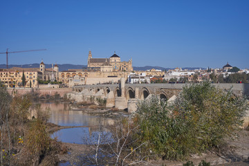 Fototapeta na wymiar view of the old roman bridge and mezquita cathedral in cordoba