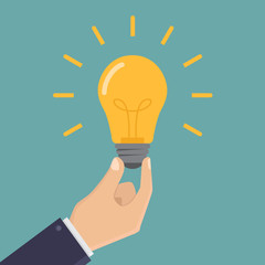 Business idea vector illustration flat, businessman hand hold light bulb, flat design vector illustration