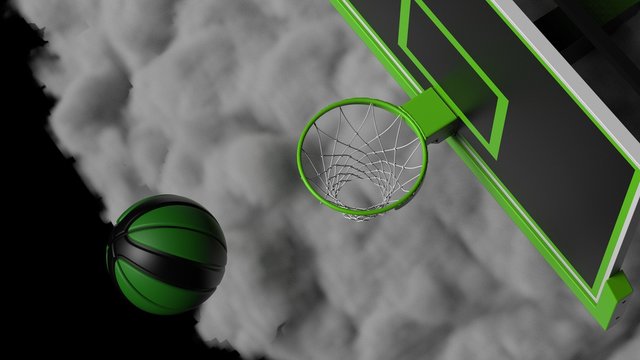 Black-Green Basketball with dark brown toned foggy smoke background. 3D sketch design and illustration. 3D high quality rendering.