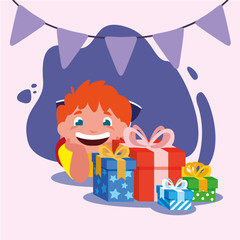 Boy cartoon with happy birthday gifts vector design
