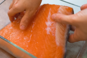 Salting salmon, Pieces of red salmon fish fillet. Red fish salin