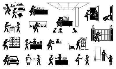 Advertisement agent distributing brochures, flyers, leaflets, handbill, and pamphlets to different places icons. Vector illustrations depict the marketing strategy of delivering flyer to people.