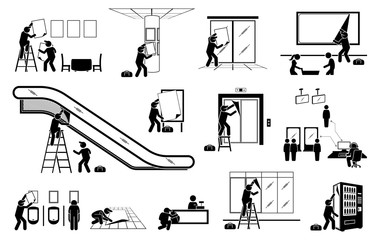 Advertisement agency putting up display advertisement for indoor marketing. Vector illustrations of stick figure man delivering poster, banner, and sticker to different places for marketing strategy.