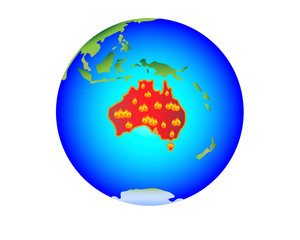 Fried in Australia. Australia on fire ecology disaster. Planet Earth with the mainland with the red and fiery mainland of Asvstralia. Globe with Australia covered in lights - stock illustration.