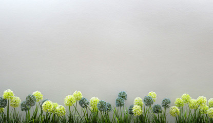 Spring flowers border with copy space on concrete wall background. Springtime holidays.