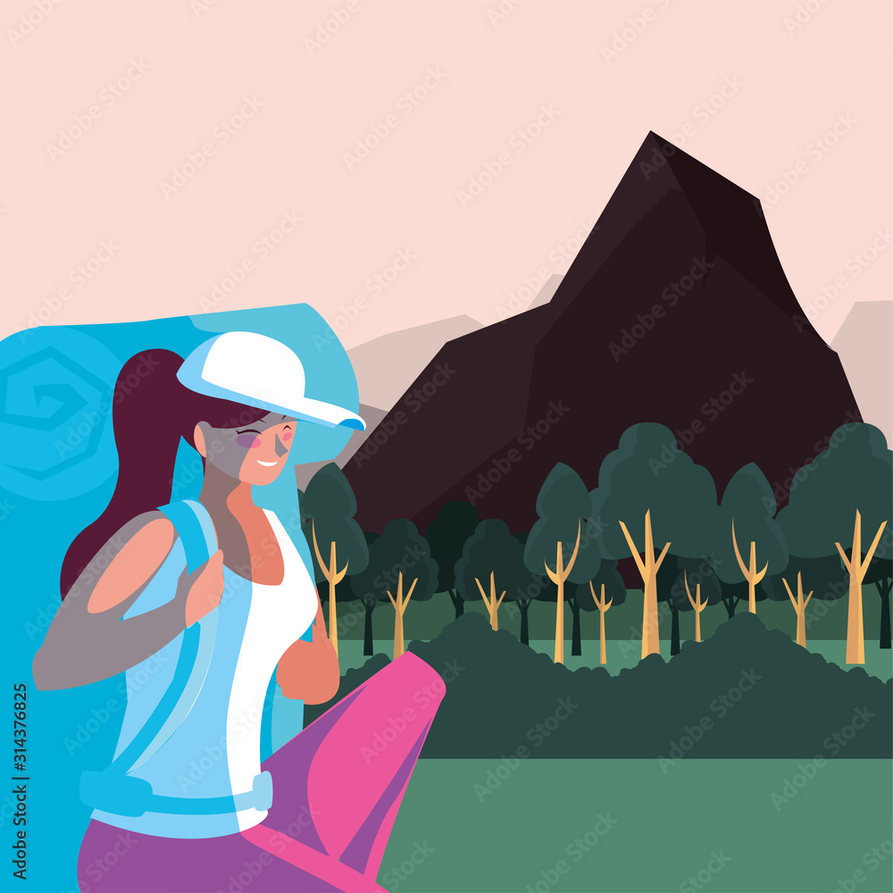 Sticker Hiker woman with bag and landscape vector design