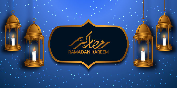 holy fasting month for muslim mosleem. islamic event ramadan kareem greeting card. Beautiful illustration of hanging fanous lantern and arabic calligraphy
