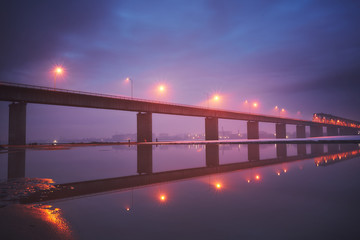 Bridge through Zeya river at night