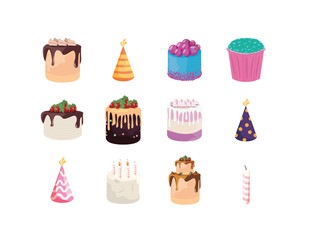 Happy birthday cakes and hats set vector design