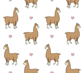 Vector seamless pattern of colored hand drawn doodle sketch llama alpaca and hearts isolated on white background