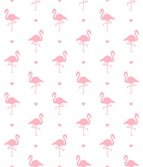 Vector seamless pattern of pink flamingo silhouette and heart isolated on white background