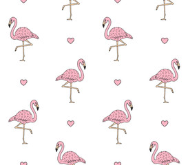 Vector seamless pattern of hand drawn doodle sketch pink flamingo and hearts isolated on white background